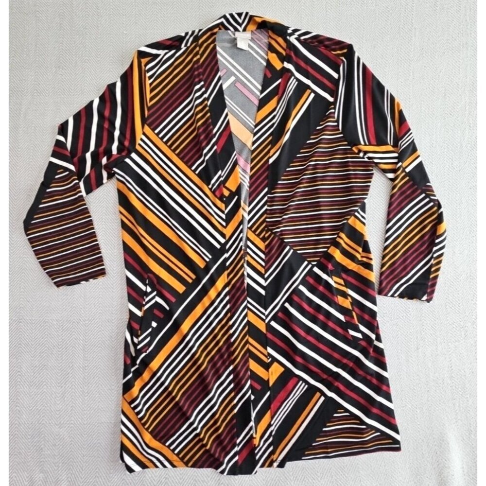 Chico’s Size 3 Mixed Striped Open Cardigan Women's XL Brown Multi Colored EUC LN